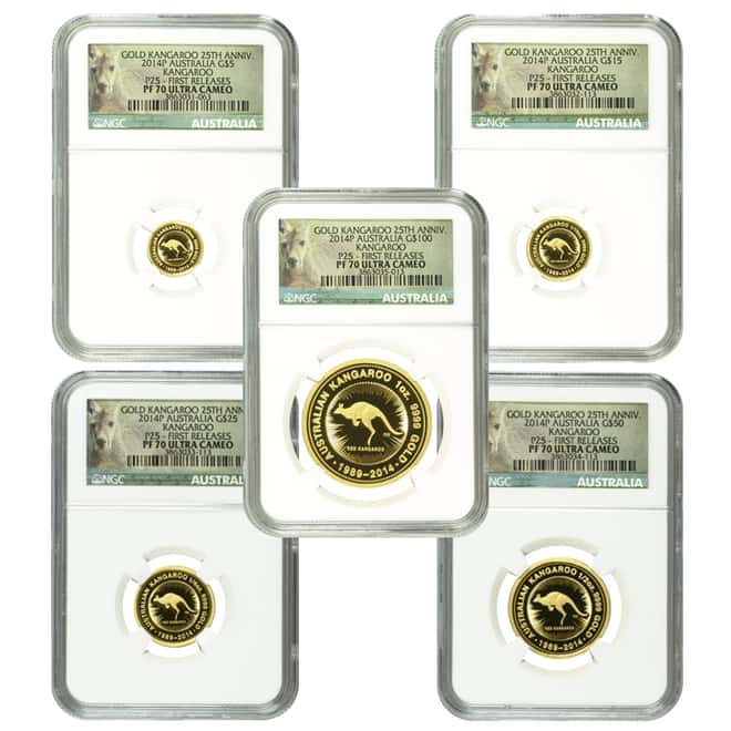2014 1.9 oz Proof Gold Australian Kangaroo 25th Anniversary 5-Coin Set NGC PF 70 UCAM First Releases (w/Box & COA)