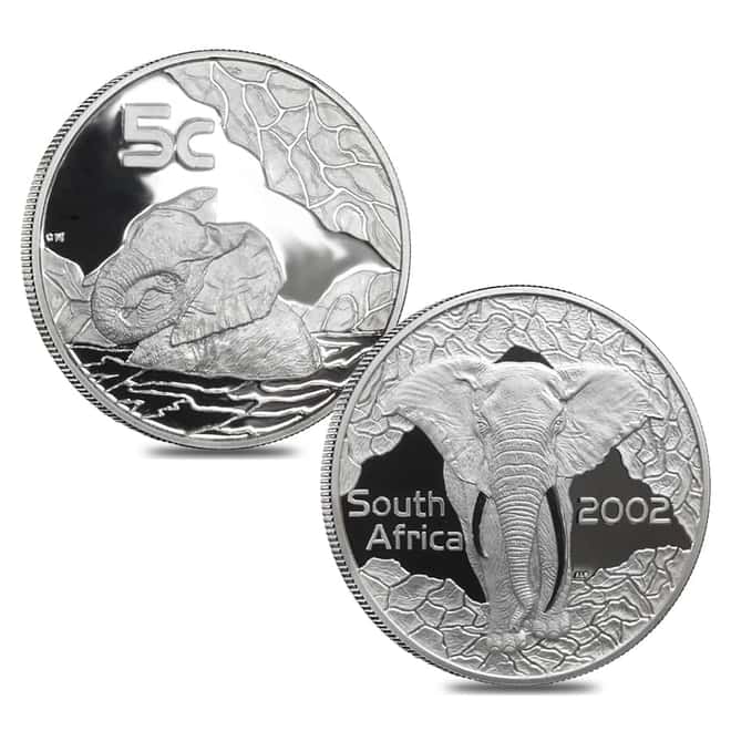 1996 1/4 oz Gold South Africa Natura Elephant and 2002 Silver Elephant Proof 5-coin Set (w/Box & COA)