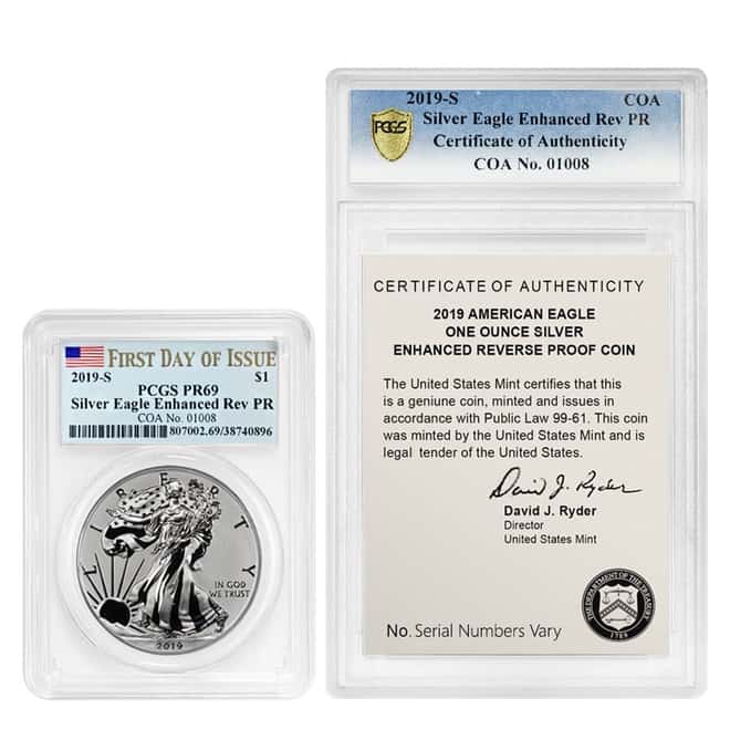 2019-S 1 oz Enhanced Reverse Proof Silver American Eagle PCGS PF 69 FDOI COA #01008