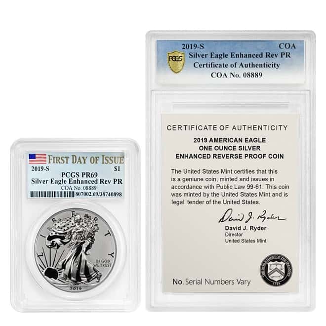 2019-S 1 oz Enhanced Reverse Proof Silver American Eagle PCGS PF 69 FDOI COA #08889