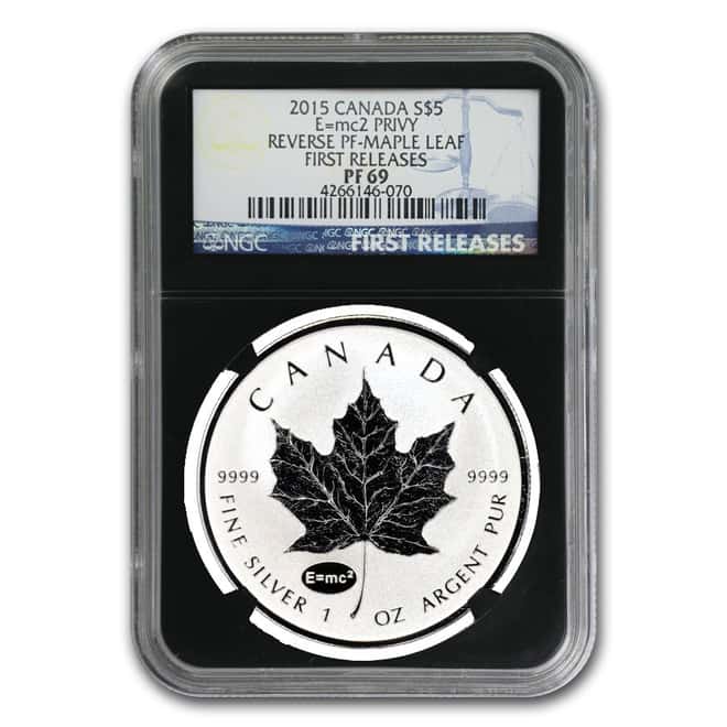 2015 1 oz Silver Canadian Maple Leaf E=mc2 Privy NGC PF 69 - First Releases Blue Label Retro Holder