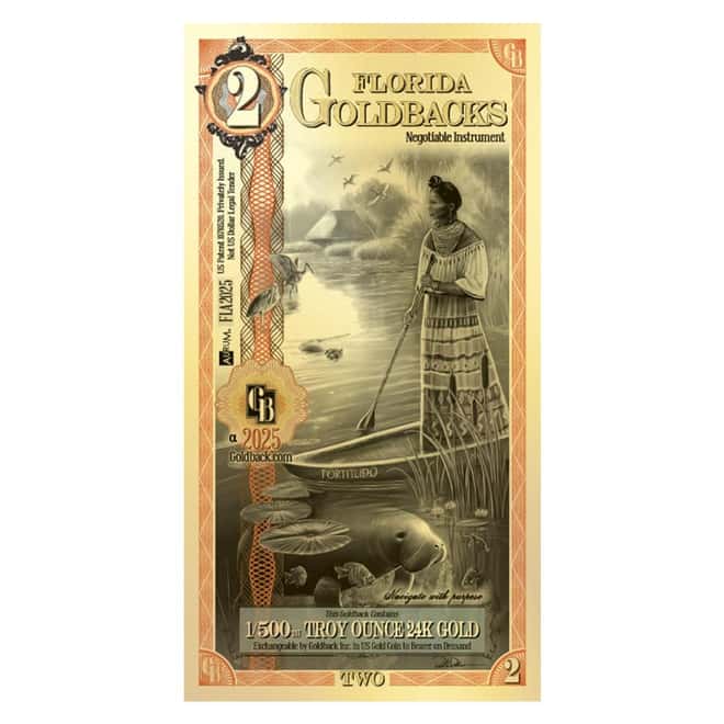 2 Florida Goldback 1/500 oz 24K Gold Foil Aurum Note