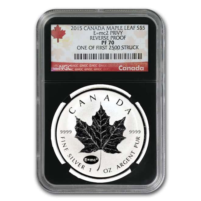 2015 1 oz Silver Canadian Maple Leaf E=mc2 Privy NGC PF 70 - 1 of First 2500 Retro Holder