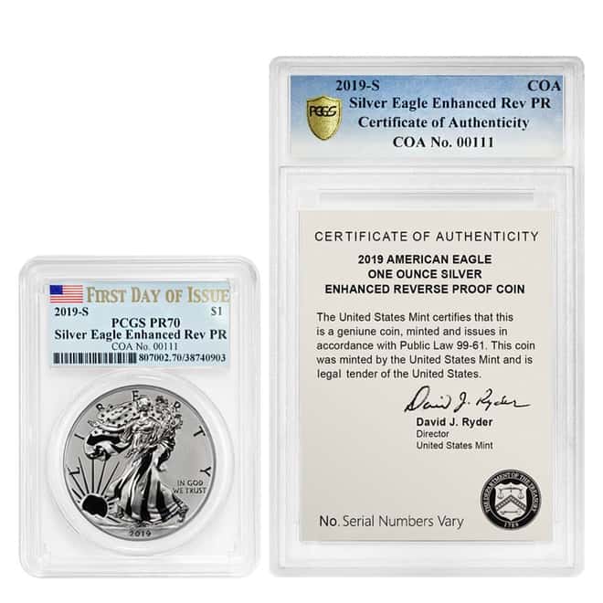 2019-S 1 oz Enhanced Reverse Proof Silver American Eagle PCGS PF 70 FDOI COA #00111