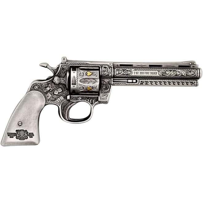 2023 Chad 2 oz Silver Revolver Gun Shaped Antiqued High Relief Coin .999 Fine (w/Box)
