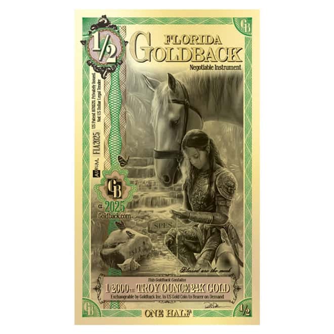 Pack of 100 - 1/2 Florida Goldback 1/2000 oz 24K Gold Foil Aurum Note
