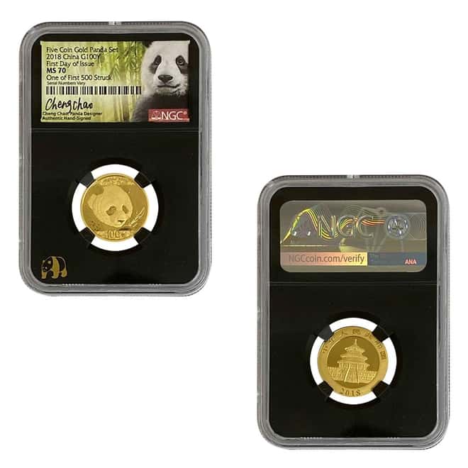 2018 1.83 oz Chinese Gold Panda 5-Coin Set NGC MS 70 FDOI (Retro, Cheng Chao Sign)