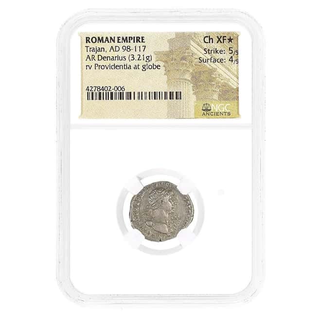 98-117 AD Roman Empire Trajan AR Denarius Silver Coin NGC Ch XF*