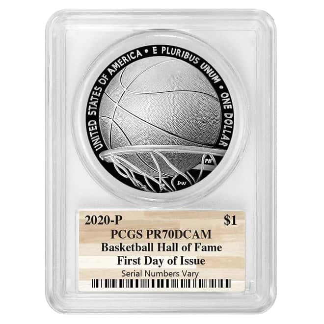 2020 P Basketball Hall of Fame Proof Silver Dollar PCGS PF 70 DCAM FDOI (NHOF Logo Label)