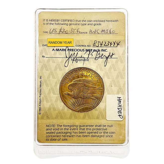 $20 Gold Double Eagle Saint Gaudens A-MARK MS 60 (Random Year)