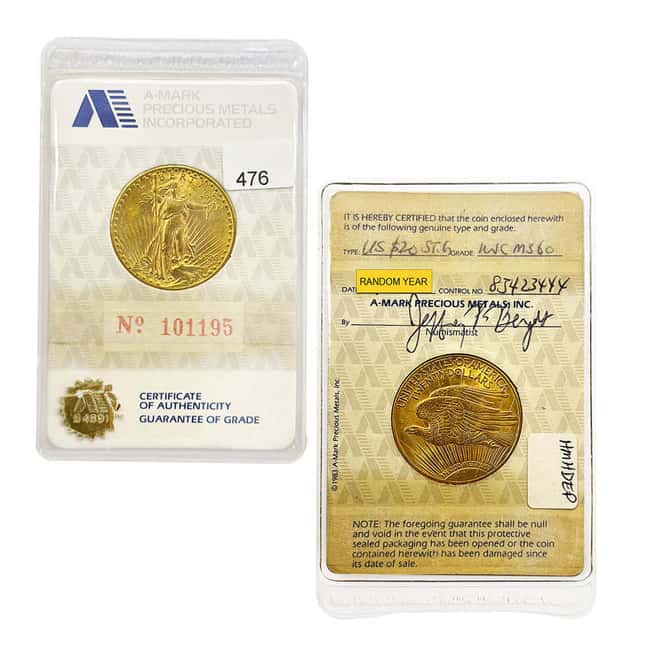 $20 Gold Double Eagle Saint Gaudens A-MARK MS 60 (Random Year)