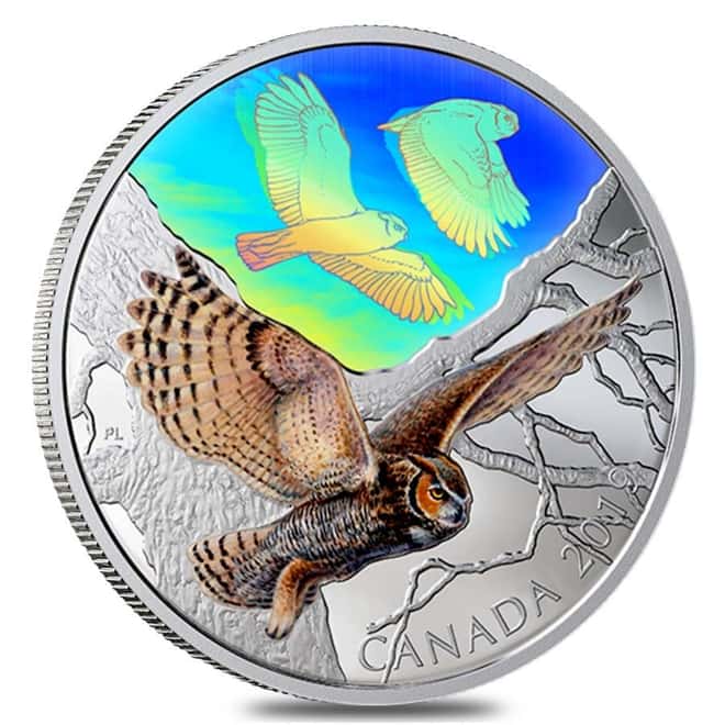 2019 2 oz Silver Canada Great Horned Owls - Majestic Birds in Motion Hologram Coin (w/Box & COA)