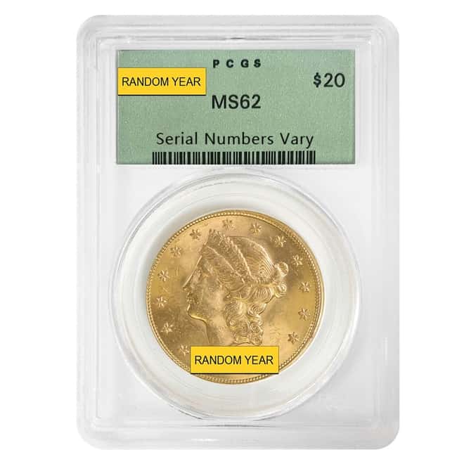 $20 Gold Double Eagle Liberty Head PCGS MS 62 OGH (Random Year)
