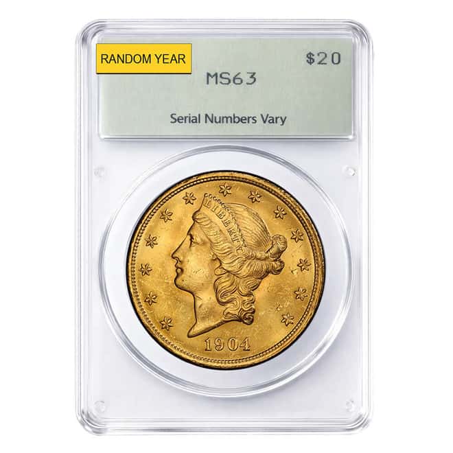 $20 Gold Double Eagle Liberty Head PCGS MS 63 Rattler Holder (Random Year)