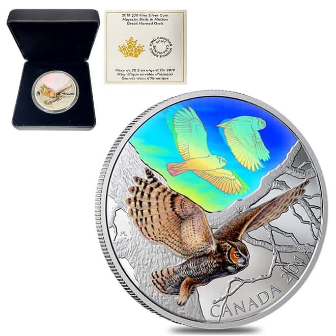 2019 2 oz Silver Canada Great Horned Owls - Majestic Birds in Motion Hologram Coin (w/Box & COA)