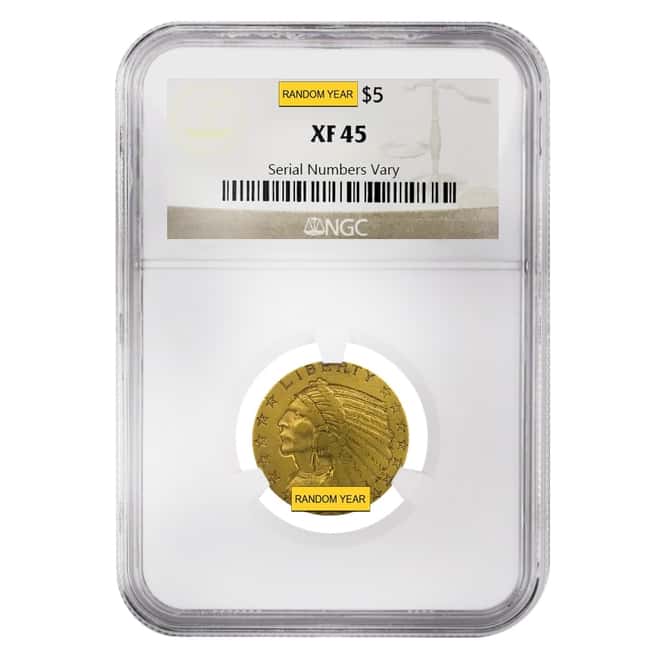 $5 Gold Half Eagle Indian Head NGC XF 45 (Random Year)