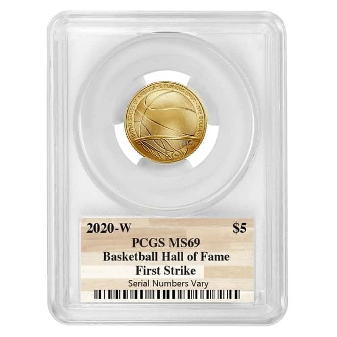 2020 W $5 Gold Basketball Hall of Fame Coin PCGS MS 69 FS (NHOF Logo Label)