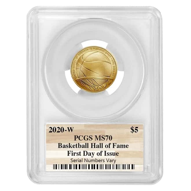 2020 W $5 Gold Basketball Hall of Fame Coin PCGS MS 70 FDOI (NHOF Logo Label)