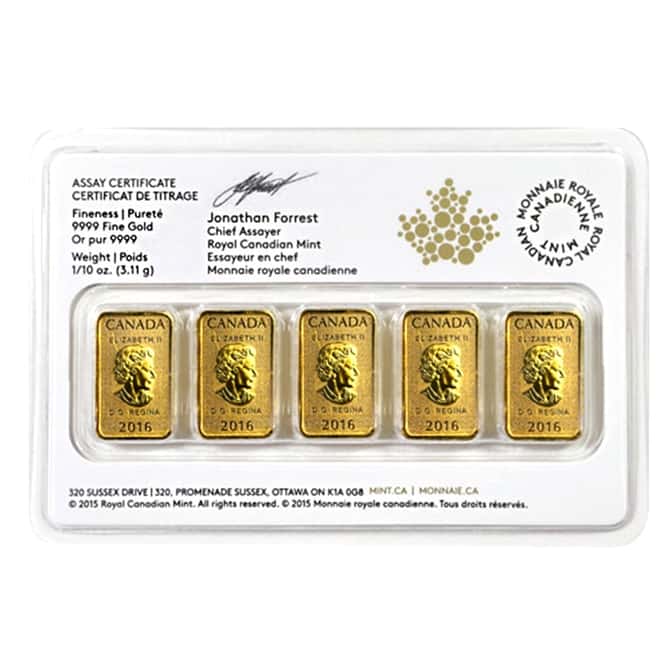 5 x 1/10 oz Gold Royal Canadian Mint RCM Legal Tender Bar Set .9999 Fine (In Assay)