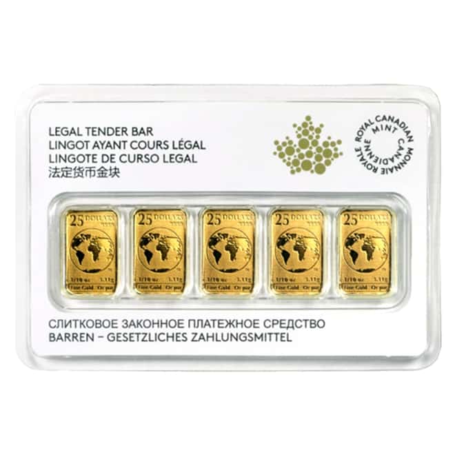 5 x 1/10 oz Gold Royal Canadian Mint RCM Legal Tender Bar Set .9999 Fine (In Assay)