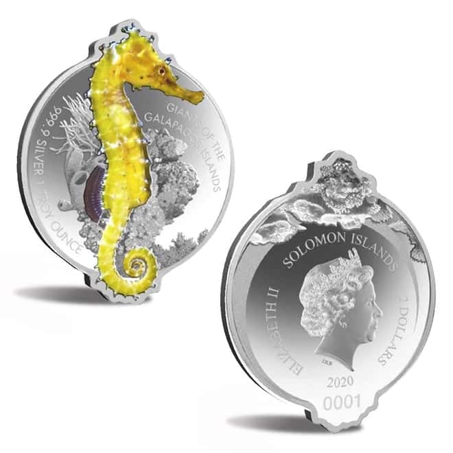 2020 1 oz Colorized Silver Giant Seahorse Solomon Islands $2 Coin .9999 Fine (w/Box & COA)