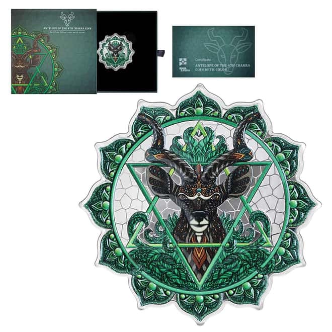 2022 Solomon Islands 2 oz Antelope of the 4th Chakra Colorized Silver Coin .9999 Fine (w/Box & COA)