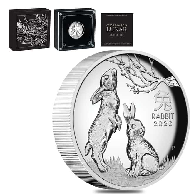 2023 1 oz Proof High Relief Silver Lunar Year of The Rabbit Australian Perth Mint (w/Box & COA)