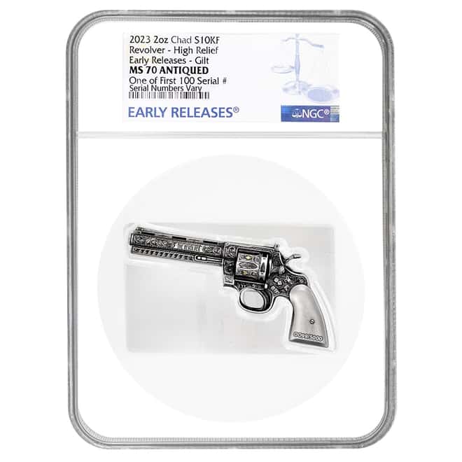 2023 Chad 2 oz Silver Revolver Gun Coin NGC MS 70 ER One of First 100 Shaped High Relief
