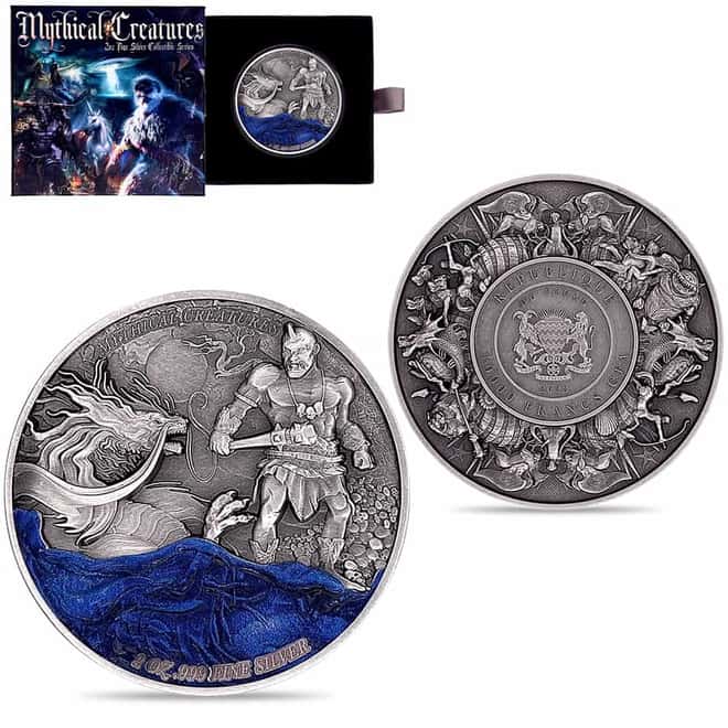 2023 Chad 2 oz Silver Dragon and Cyclops - Mythical Creatures Series Antiqued High Relief Coin (w/Box)