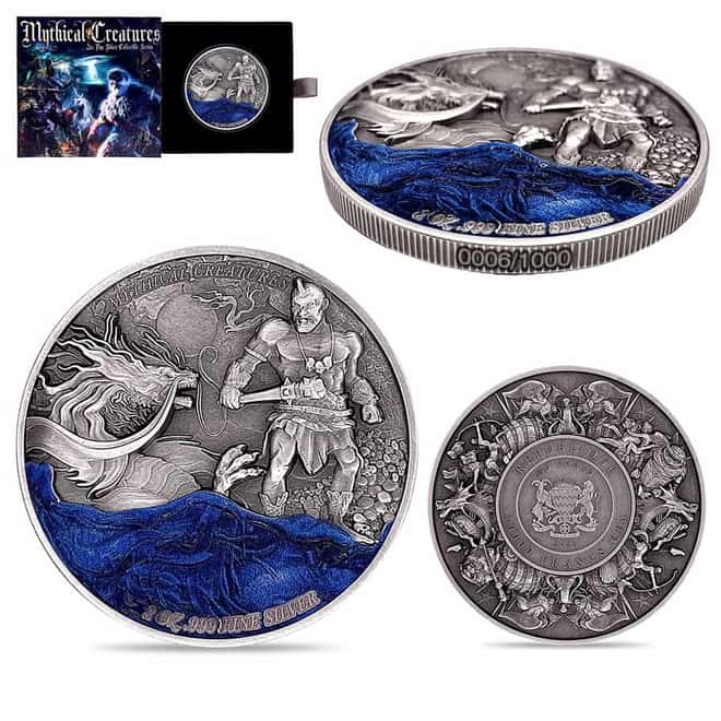 2023 Chad 2 oz Silver Dragon and Cyclops - Mythical Creatures Coin Serial #6 Antiqued High Relief (w/Box)