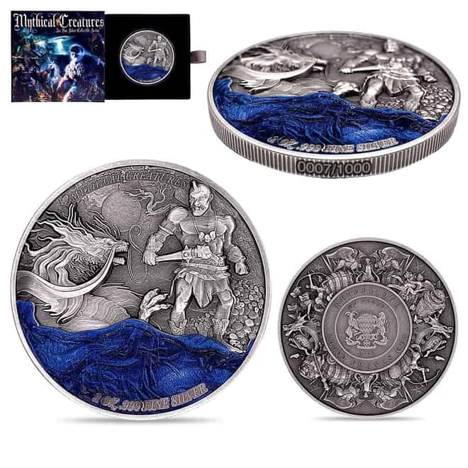 2023 Chad 2 oz Silver Dragon and Cyclops - Mythical Creatures Coin Serial #7 Antiqued High Relief (w/Box)