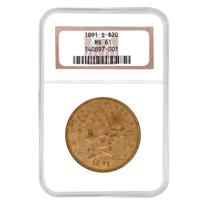 1891 S $20 Liberty Head Double Eagle Gold Coin NGC MS 61