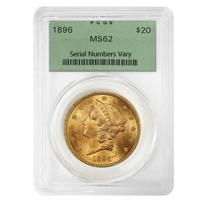 1896 $20 Liberty Head Double Eagle Gold Coin PCGS MS 62 OGH