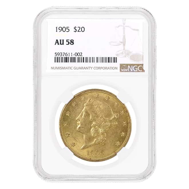 1905 $20 Liberty Head Double Eagle Gold Coin NGC AU 58