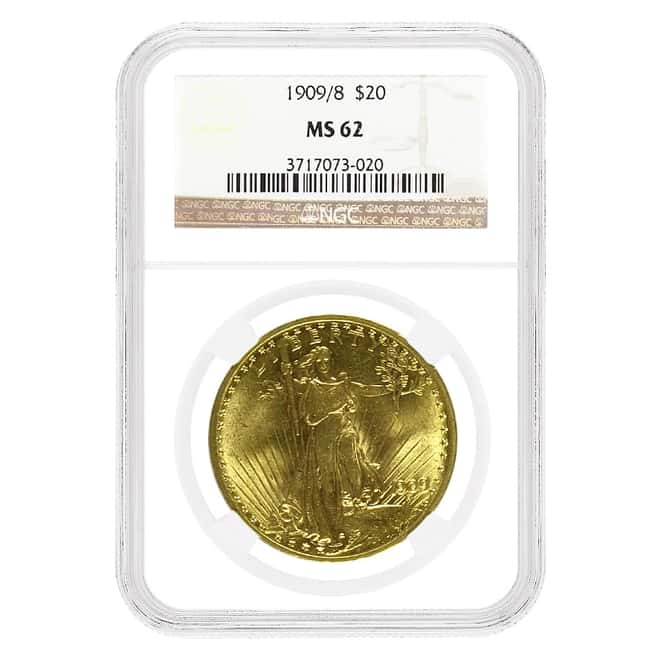 1909/8 $20 Gold Saint Gaudens Double Eagle Coin NGC MS 62