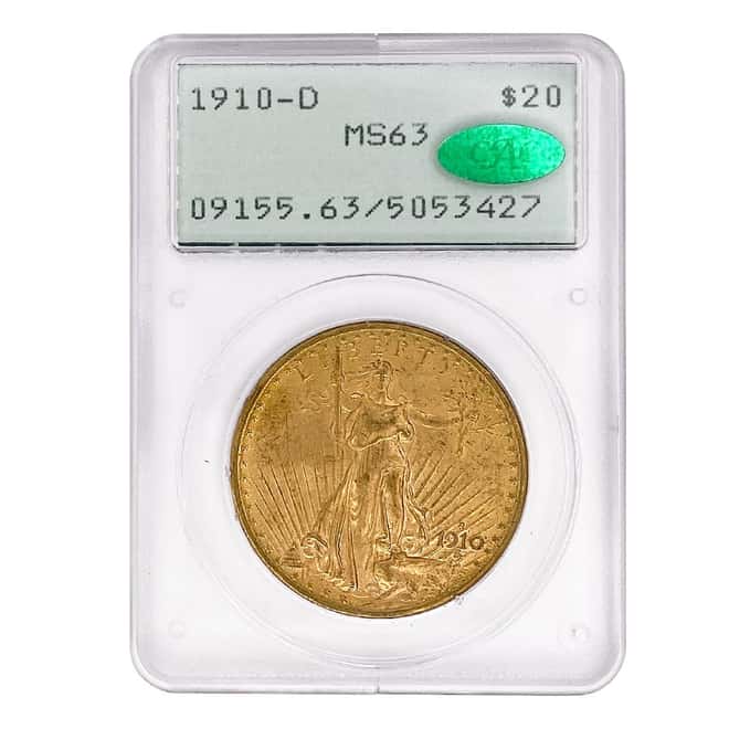 1910 D $20 Gold Saint Gaudens Double Eagle Coin PCGS MS 63 CAC (Rattler Holder)