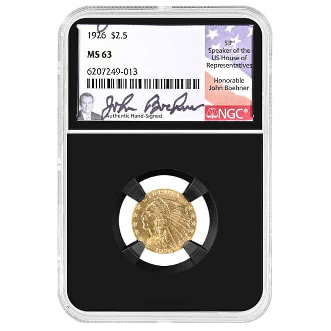 1926 $2.5 Indian Head Quarter Eagle Gold Coin NGC MS 63 (John Boehner Sign)