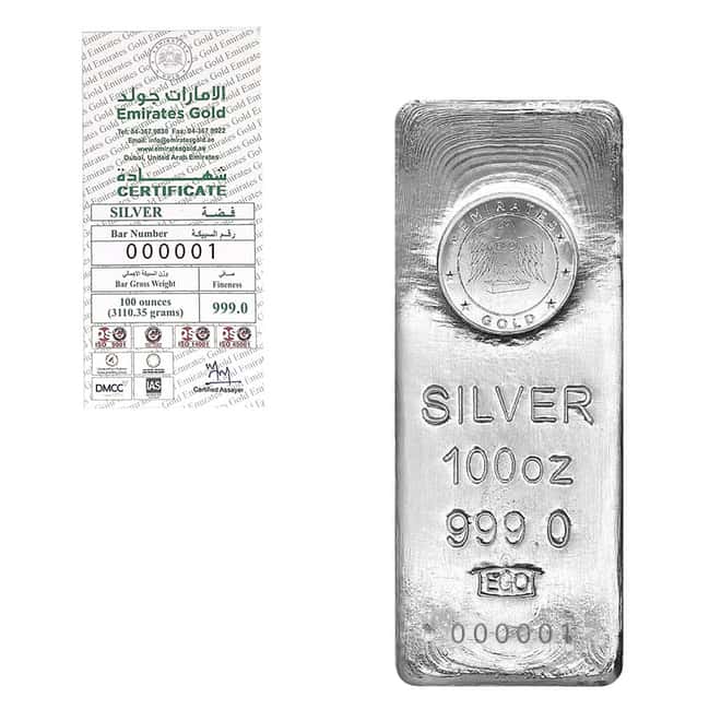 100 oz Emirates Gold Silver Cast Bar Serial #1 .999 Fine
