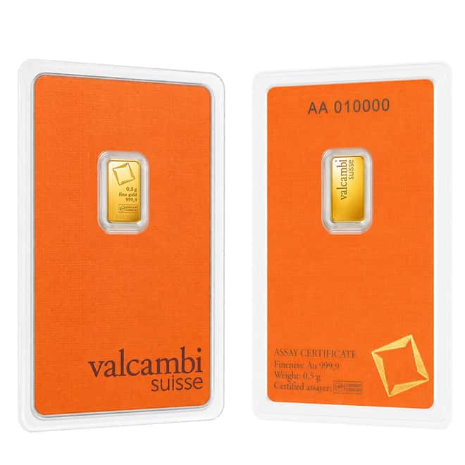1/2 Gram Gold Bar Valcambi Suisse .9999 Fine (in Assay)