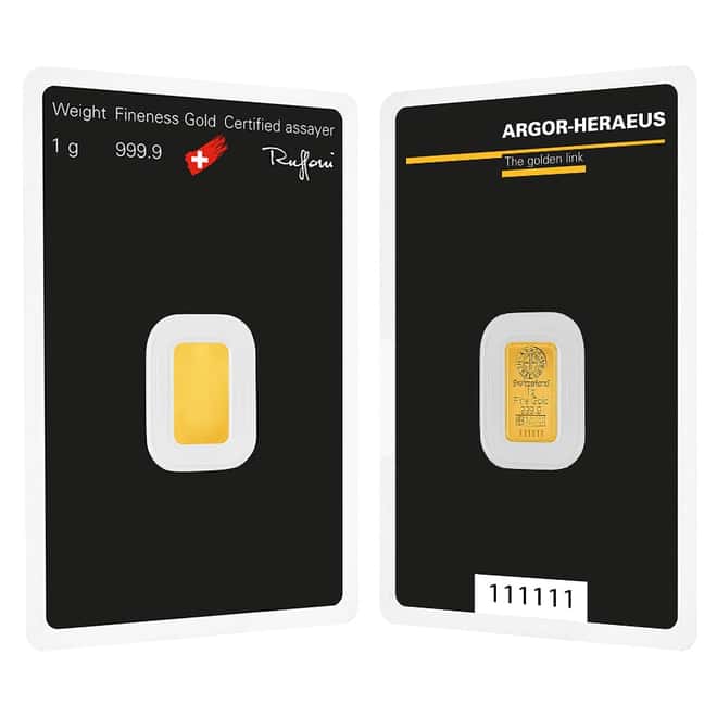 1 Gram Argor Heraeus Gold Bar .9999 Fine (in Assay)