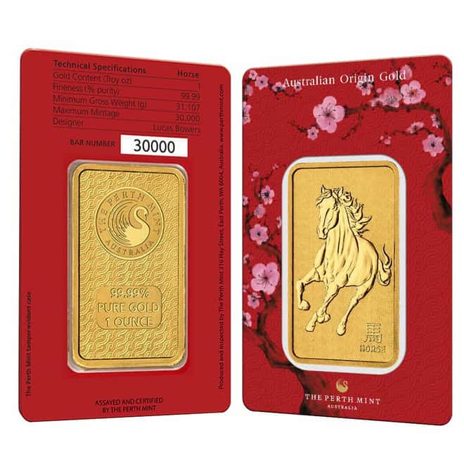 1 oz Perth Mint Lunar Horse Gold Bar .9999 Fine (in Assay)