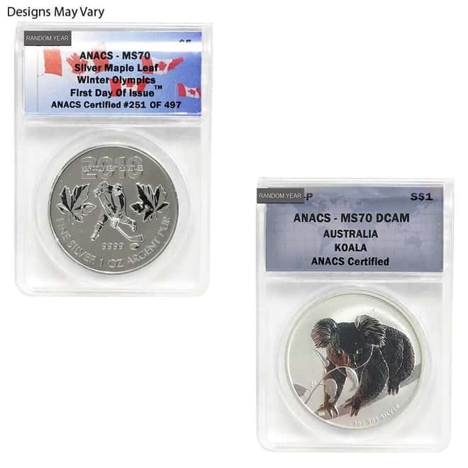 1 oz Silver Coin Random Mint ANACS MS/SP/PF 70 (Random Design/Year)