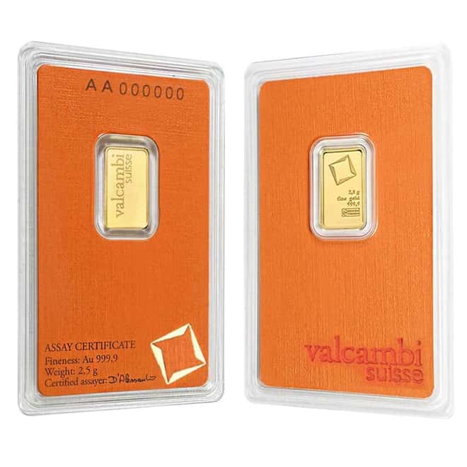 2.5 Gram Gold Bar Valcambi Suisse .9999 Fine (in Assay)