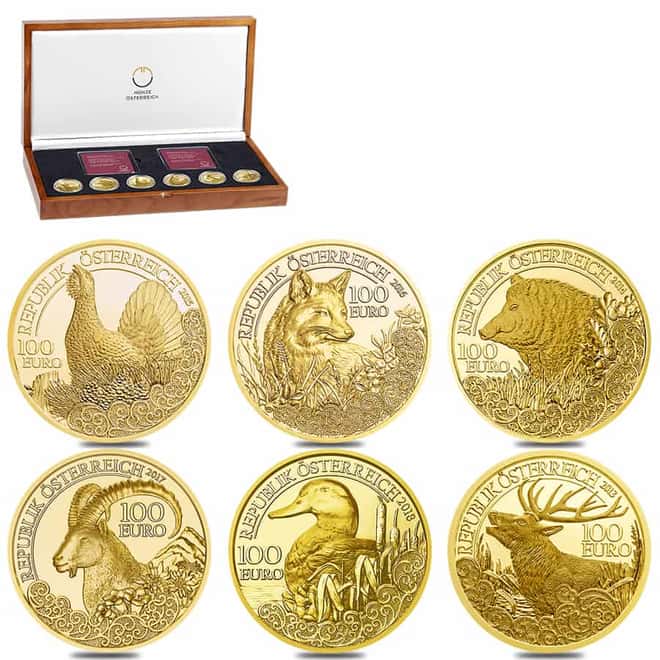 2013 - 2018 3 oz Austrian Gold Wildlife In Our Sights 6-Coin Proof Set