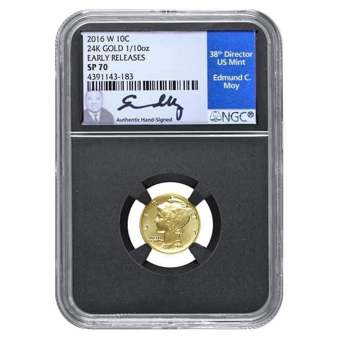 2016 W 1/10 oz Gold Mercury Dime Centennial NGC SP 70 ER Moy Sign