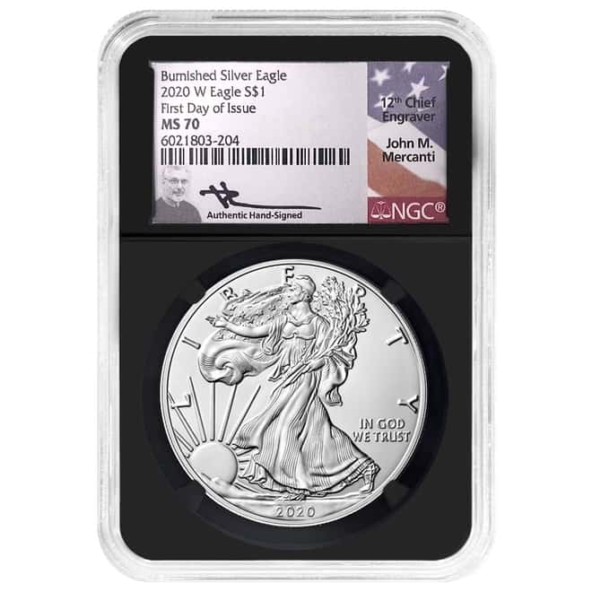 2020-W 1 oz Burnished Silver Eagle NGC MS 70 FD Mercanti Sign