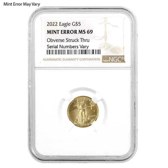 2022 1/10 oz $5 Gold American Eagle NGC MS 69 Mint Error (Obv Struck Thru)