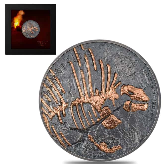 2022 1 oz Evolution of Life - Synapsida Antiqued Silver Coin Mongolia .999 Fine (w/Box & COA)