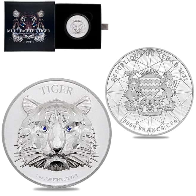 2022 Chad 1 oz Silver Multifaceted Tiger Ultra High Relief Coin .999 Fine (w/Box)