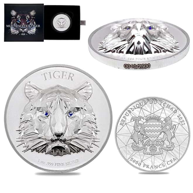 2022 Chad 1 oz Silver Multifaceted Tiger Coin Serial #10 Ultra High Relief (w/Box)